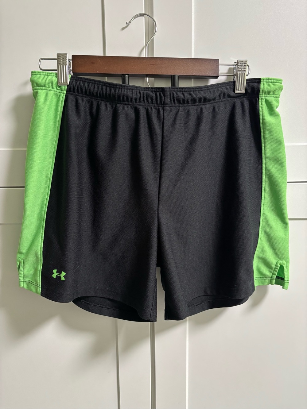 Under Armour Black Athletic Shorts with Neon Green Side Panels - Size Medium